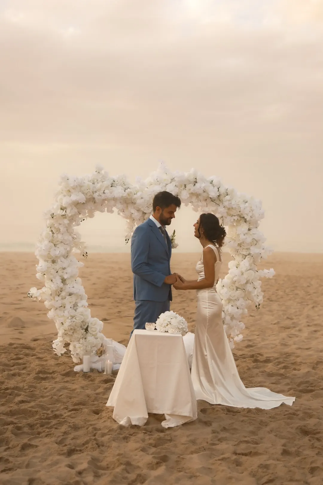 The couple hand in hand at the flower arch