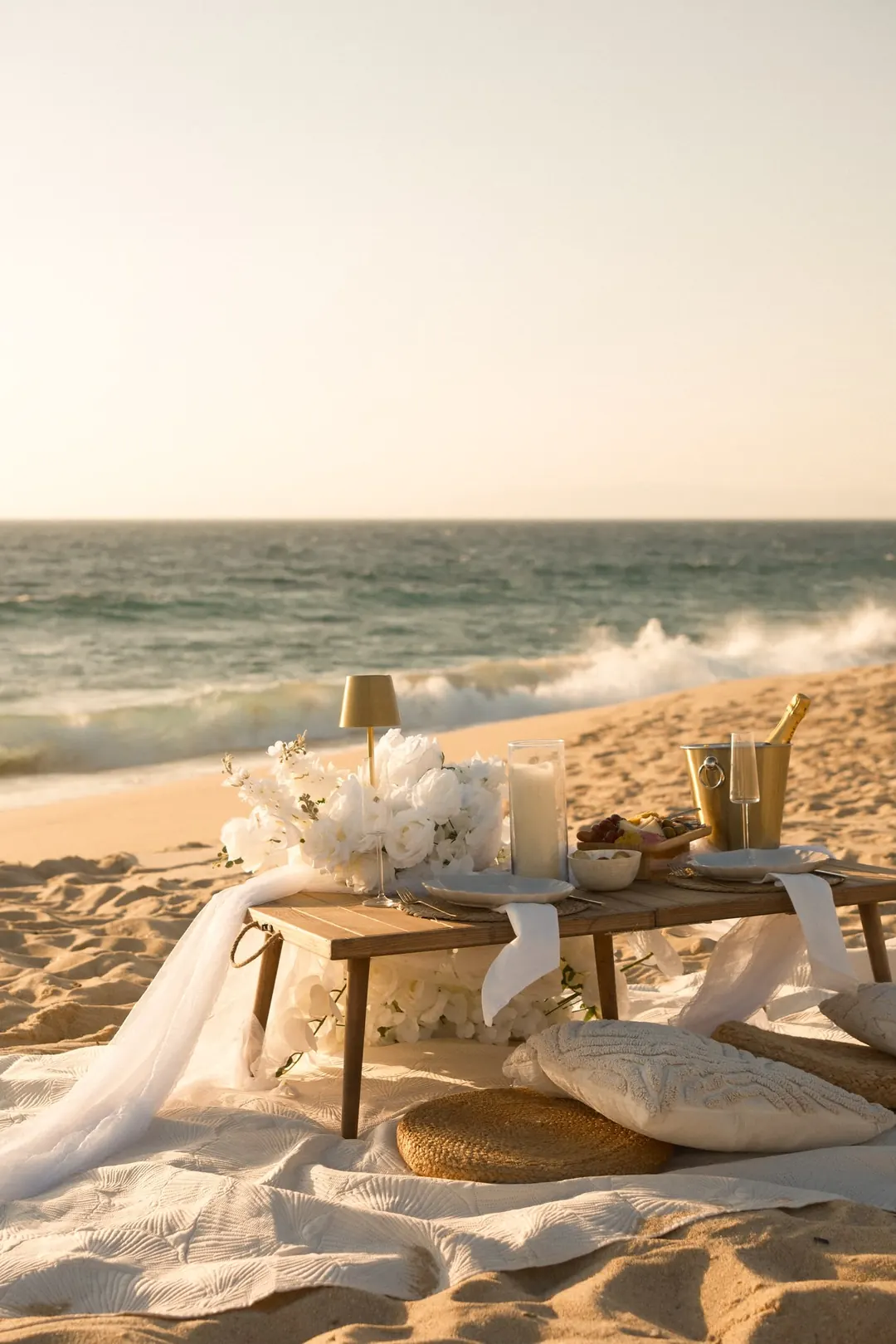 The same table by the water as a wave breaks behind it